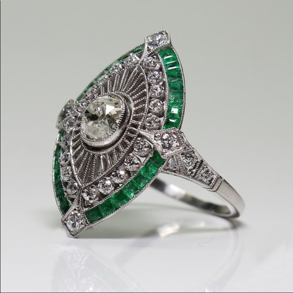 STERLING EMERALD DIAMOND RING - Picture 4 of 9